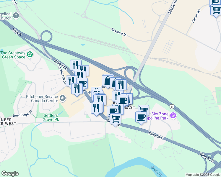 map of restaurants, bars, coffee shops, grocery stores, and more near 100 Sportsworld Drive in Kitchener