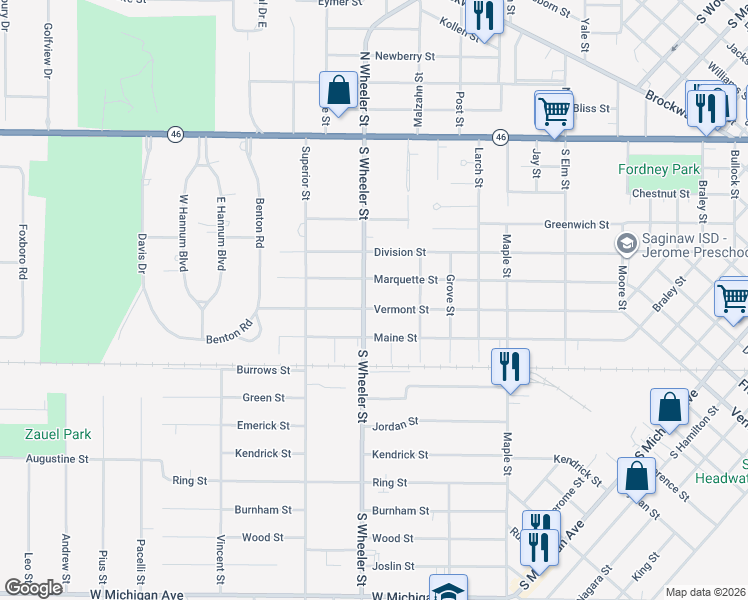 map of restaurants, bars, coffee shops, grocery stores, and more near 620 S Wheeler St in Saginaw