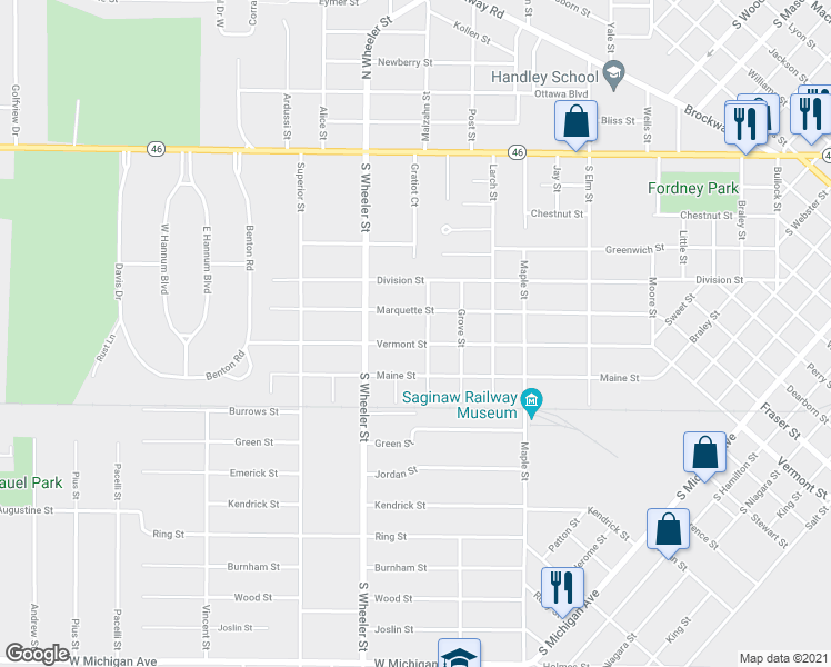 map of restaurants, bars, coffee shops, grocery stores, and more near 1910 Vermont Street in Saginaw