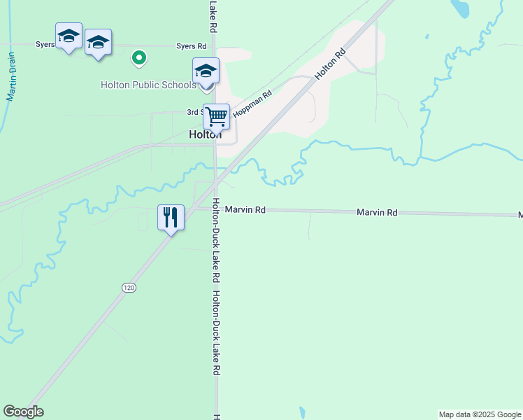 map of restaurants, bars, coffee shops, grocery stores, and more near 6897 Marvin Road in Holton