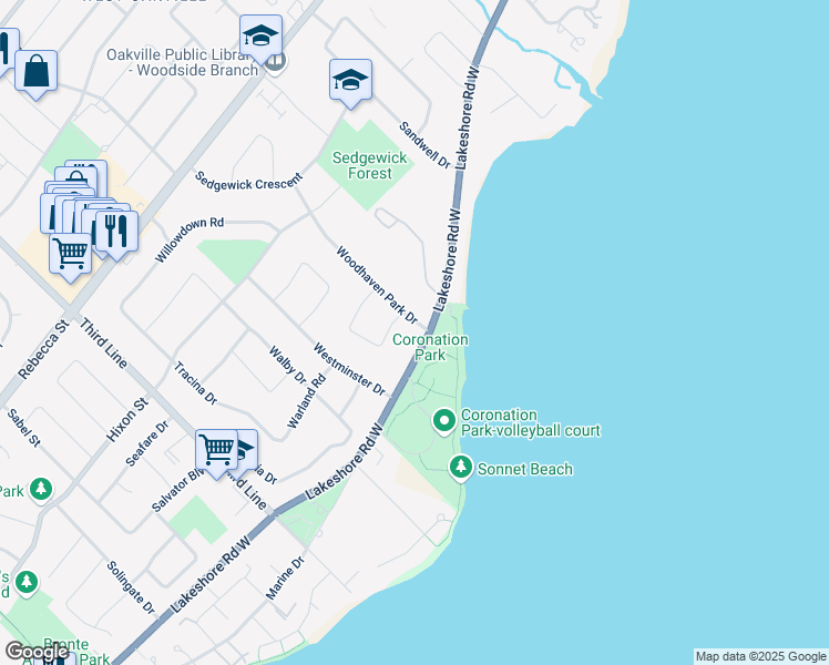 map of restaurants, bars, coffee shops, grocery stores, and more near 72 Woodhaven Park Drive in Oakville