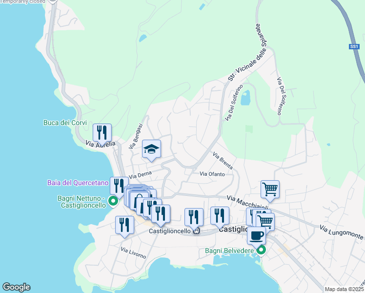 map of restaurants, bars, coffee shops, grocery stores, and more near 33 Via Tagliamento in Rosignano Solvay-Castiglioncello