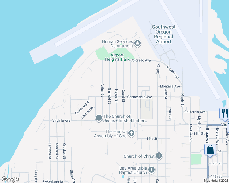 map of restaurants, bars, coffee shops, grocery stores, and more near 1756 Hayes Street in North Bend