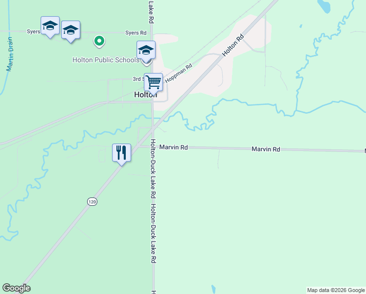 map of restaurants, bars, coffee shops, grocery stores, and more near 6898 Marvin Road in Holton