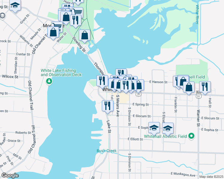 map of restaurants, bars, coffee shops, grocery stores, and more near in Whitehall