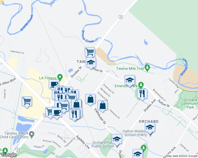 map of restaurants, bars, coffee shops, grocery stores, and more near 2445 Auckland Drive in Burlington