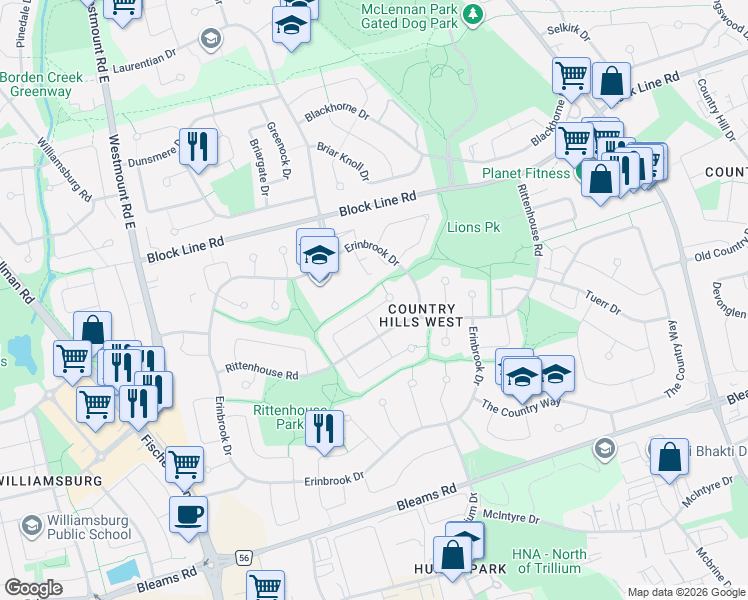 map of restaurants, bars, coffee shops, grocery stores, and more near 220 Rosebank Place in Kitchener