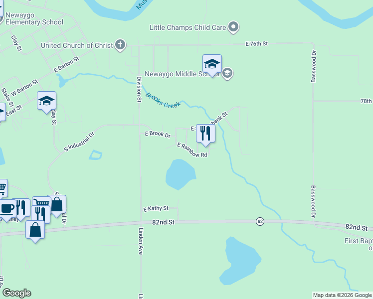 map of restaurants, bars, coffee shops, grocery stores, and more near 532 East Rainbow Road in Newaygo