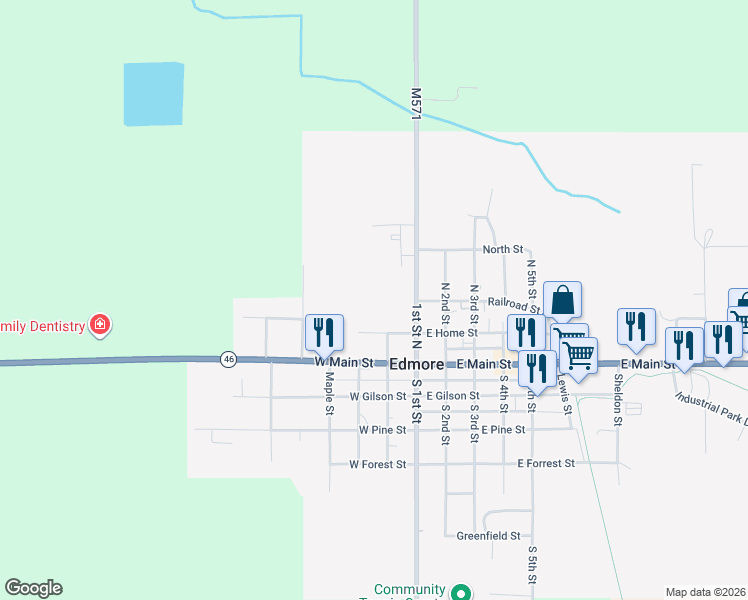 map of restaurants, bars, coffee shops, grocery stores, and more near 500 West Home Street in Edmore