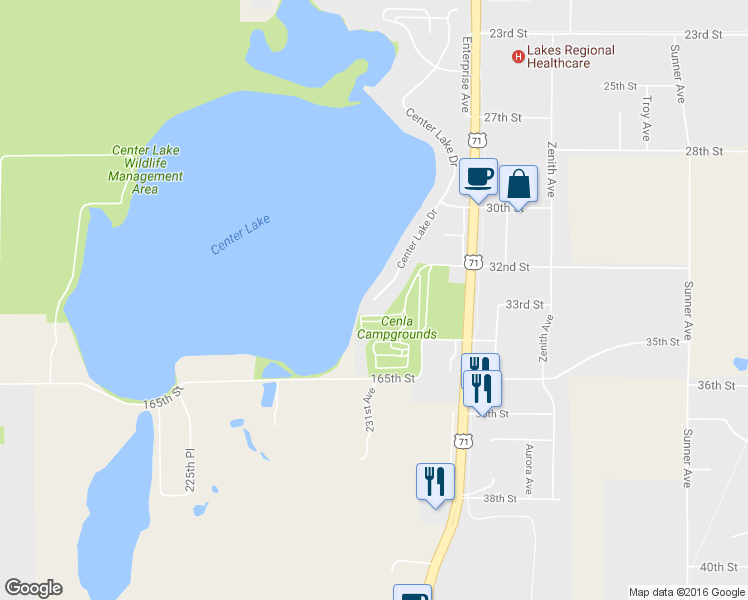map of restaurants, bars, coffee shops, grocery stores, and more near 3398 Center Lake Dr in Spirit Lake
