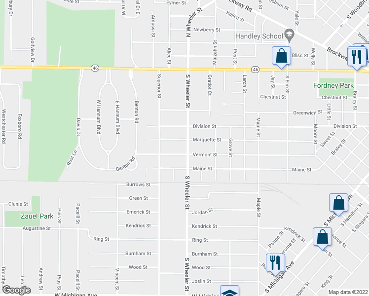 map of restaurants, bars, coffee shops, grocery stores, and more near 617 South Wheeler Street in Saginaw