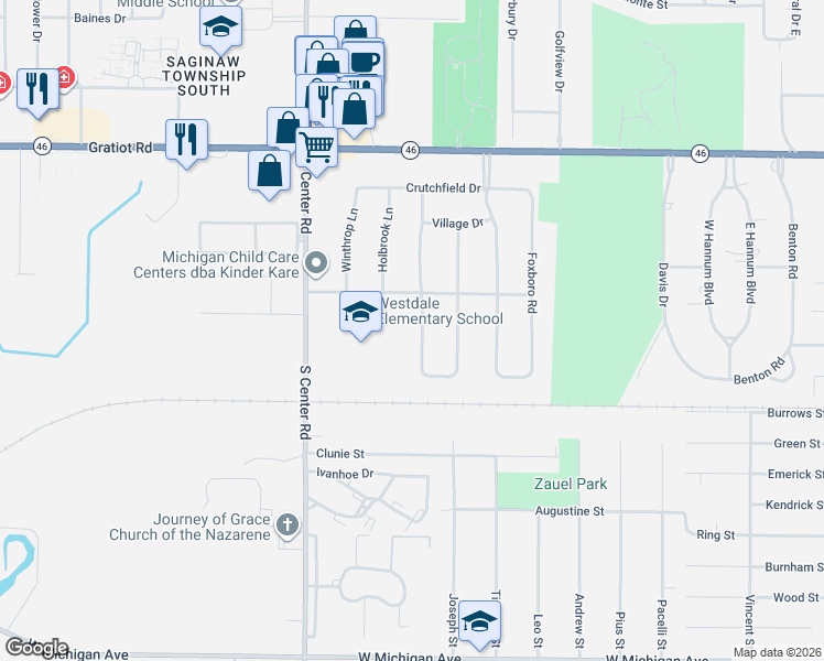 map of restaurants, bars, coffee shops, grocery stores, and more near 720 Stoneham Road in Saginaw