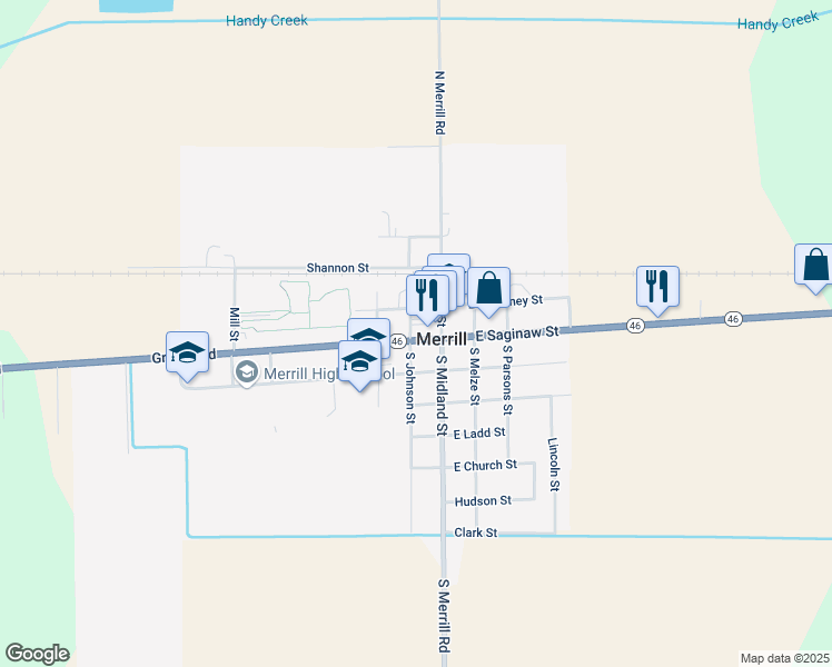 map of restaurants, bars, coffee shops, grocery stores, and more near 148 West Saginaw Street in Merrill