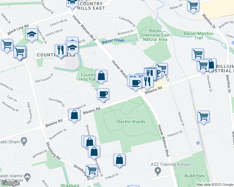 map of restaurants, bars, coffee shops, grocery stores, and more near 9 Primrose Path in Kitchener