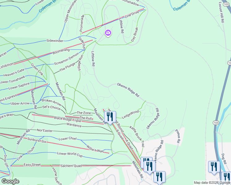 map of restaurants, bars, coffee shops, grocery stores, and more near 49 White Loop in Windsor County