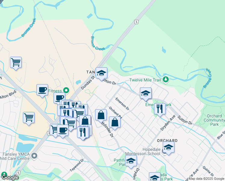 map of restaurants, bars, coffee shops, grocery stores, and more near 2445 Auckland Drive in Burlington
