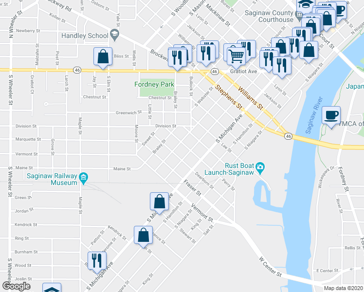 map of restaurants, bars, coffee shops, grocery stores, and more near 619 Perry Street in Saginaw