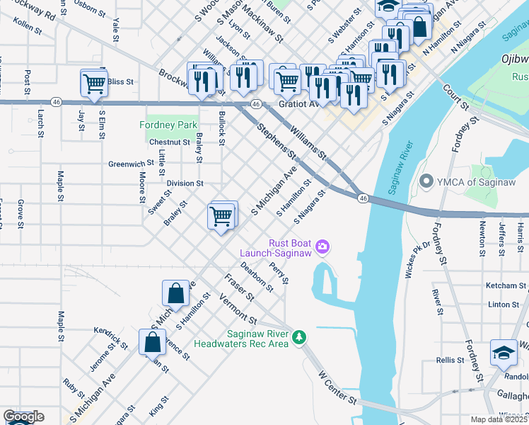 map of restaurants, bars, coffee shops, grocery stores, and more near 1212 South Michigan Avenue in Saginaw