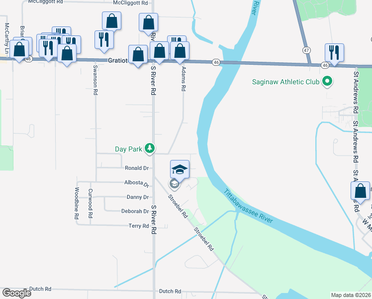 map of restaurants, bars, coffee shops, grocery stores, and more near 6860 Wegner Road in Saginaw