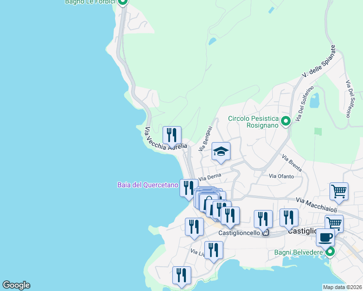 map of restaurants, bars, coffee shops, grocery stores, and more near 15 Lungomare del Quercetano in Rosignano Solvay-Castiglioncello