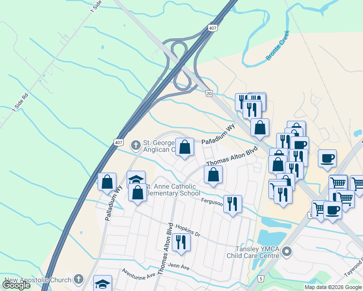 map of restaurants, bars, coffee shops, grocery stores, and more near 4756 DeForest Crescent in Burlington