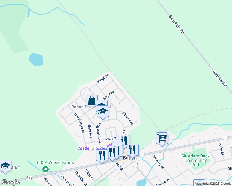 map of restaurants, bars, coffee shops, grocery stores, and more near 9 Hammacher Street in Baden