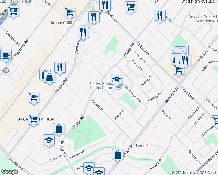 map of restaurants, bars, coffee shops, grocery stores, and more near 474 Sandlewood Road in Oakville