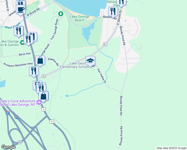 map of restaurants, bars, coffee shops, grocery stores, and more near 69 Sun Valley Drive in Lake George