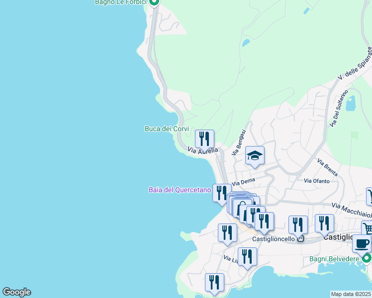 map of restaurants, bars, coffee shops, grocery stores, and more near 1035 Via Aurelia in Rosignano Solvay-Castiglioncello