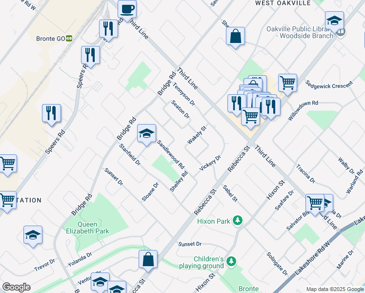 map of restaurants, bars, coffee shops, grocery stores, and more near 397 Sandlewood Road in Oakville