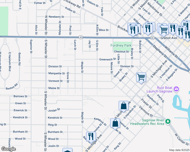 map of restaurants, bars, coffee shops, grocery stores, and more near 1516 Vermont Street in Saginaw