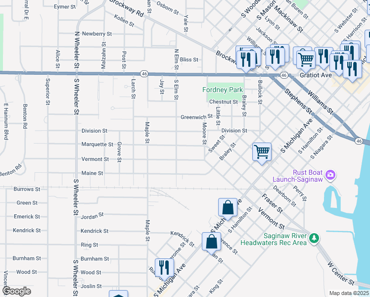 map of restaurants, bars, coffee shops, grocery stores, and more near 1447 Marquette Street in Saginaw