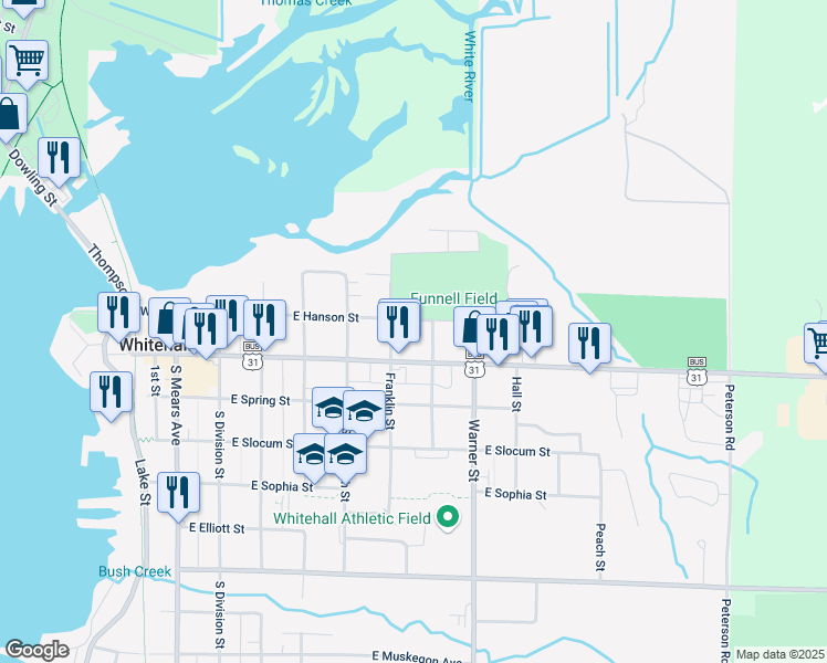 map of restaurants, bars, coffee shops, grocery stores, and more near 612 East Colby Street in Whitehall