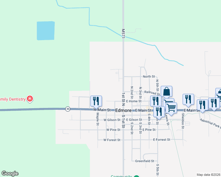 map of restaurants, bars, coffee shops, grocery stores, and more near 500 West Home Street in Edmore