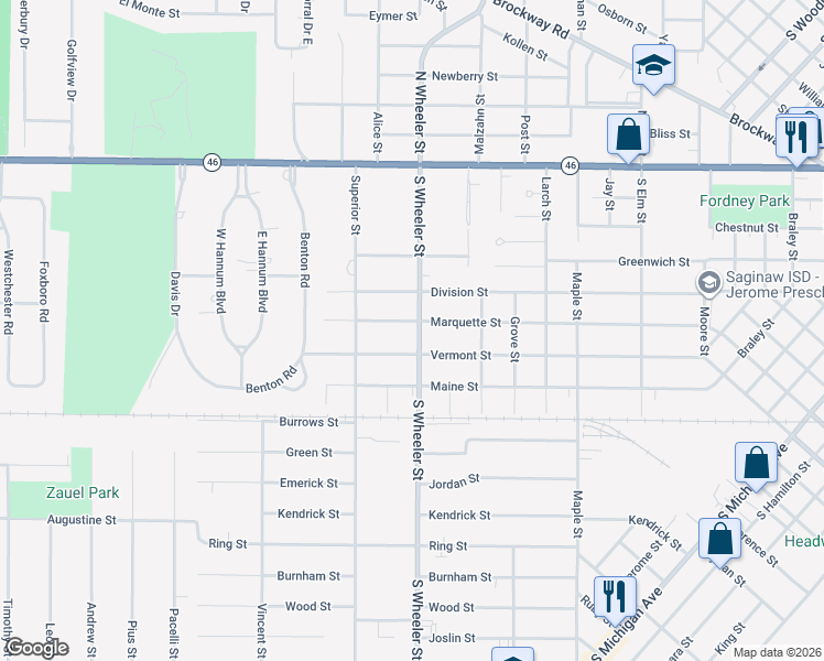 map of restaurants, bars, coffee shops, grocery stores, and more near 620 South Wheeler Street in Saginaw