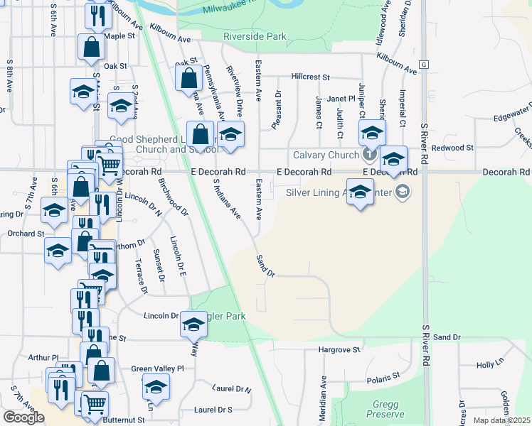 map of restaurants, bars, coffee shops, grocery stores, and more near 950 Eastern Avenue in West Bend