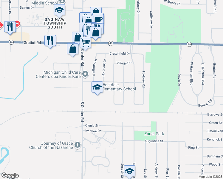 map of restaurants, bars, coffee shops, grocery stores, and more near 720 Stoneham Road in Saginaw