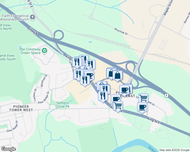 map of restaurants, bars, coffee shops, grocery stores, and more near 4286 King Street East in Kitchener