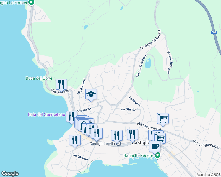 map of restaurants, bars, coffee shops, grocery stores, and more near 33 Via Tagliamento in Rosignano Solvay-Castiglioncello