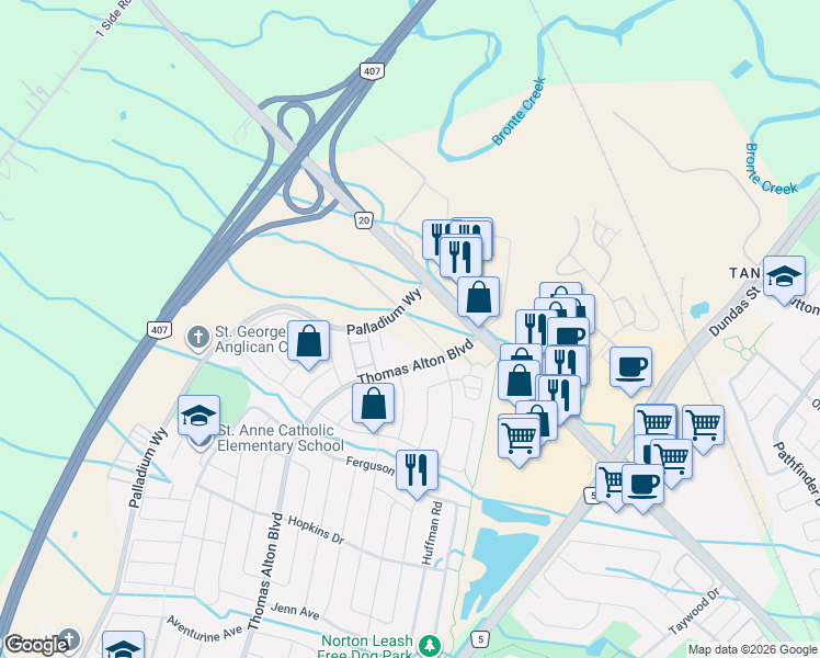 map of restaurants, bars, coffee shops, grocery stores, and more near 4878 Powers Common in Burlington