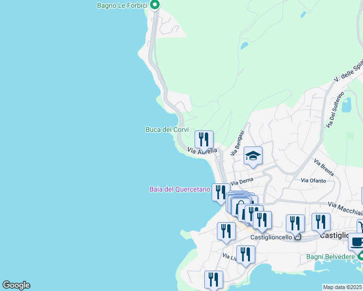map of restaurants, bars, coffee shops, grocery stores, and more near 1035 Via Aurelia in Rosignano Solvay-Castiglioncello