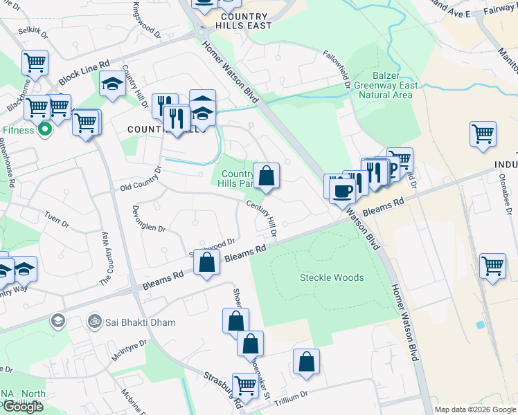 map of restaurants, bars, coffee shops, grocery stores, and more near 160 Century Hill Dr in Kitchener