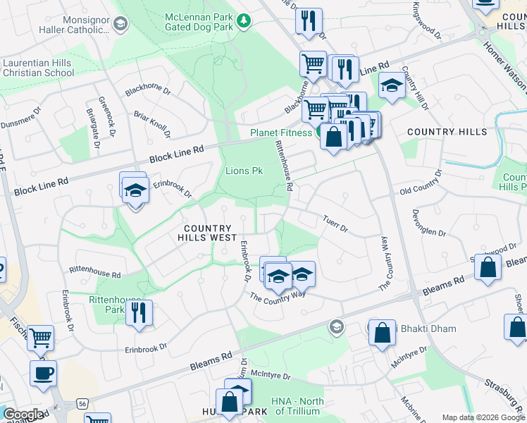 map of restaurants, bars, coffee shops, grocery stores, and more near 160 Rittenhouse Road in Kitchener