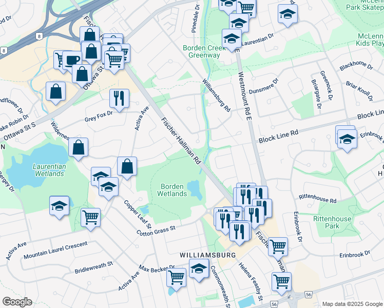 map of restaurants, bars, coffee shops, grocery stores, and more near Fischer-Hallman Road in Kitchener