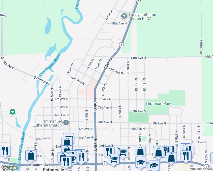 map of restaurants, bars, coffee shops, grocery stores, and more near 1026 North 10th Street in Estherville