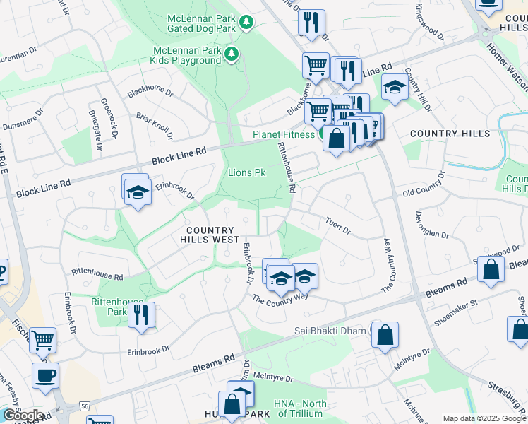map of restaurants, bars, coffee shops, grocery stores, and more near 160 Rittenhouse Road in Kitchener