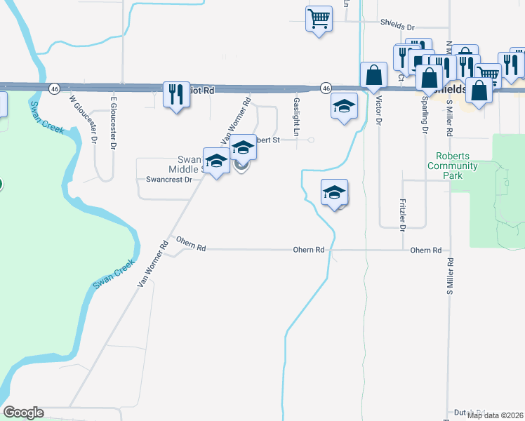 map of restaurants, bars, coffee shops, grocery stores, and more near 8334-8400 Ohern Road in Saginaw