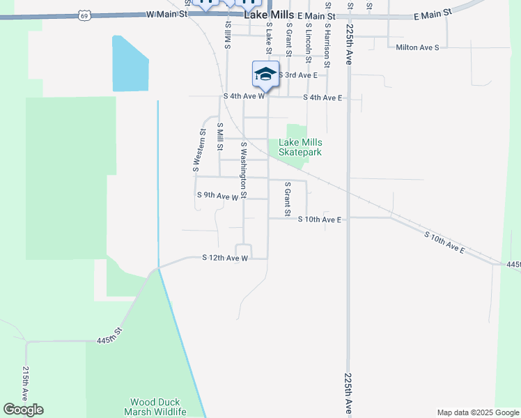 map of restaurants, bars, coffee shops, grocery stores, and more near 1001-1099 South Lake Street in Lake Mills