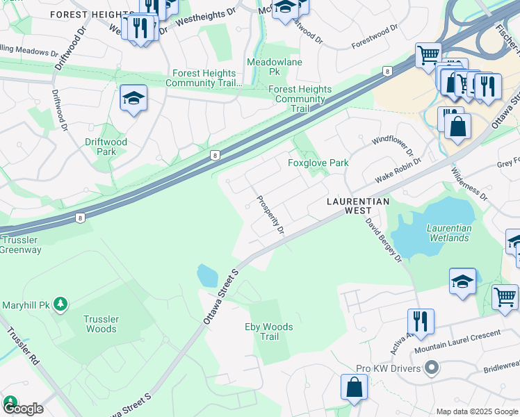 map of restaurants, bars, coffee shops, grocery stores, and more near 47 Prosperity Drive in Kitchener