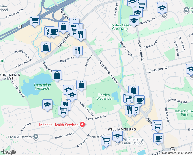 map of restaurants, bars, coffee shops, grocery stores, and more near 183 Bush Clover Crescent in Kitchener